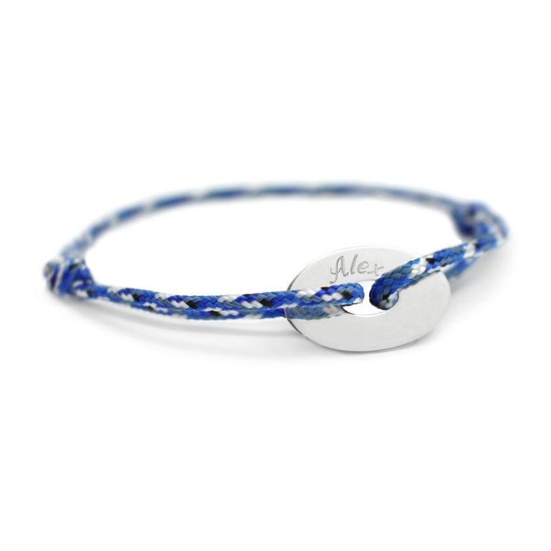 Bracelet cordon personnalisé acier inoxydable bleu et beige - Petits Trésors